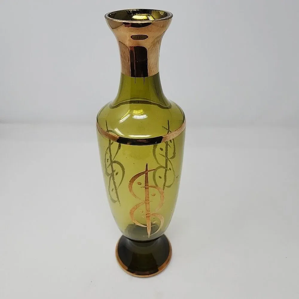 Vintage Decanter Vase Green Glass Gold Trim 14